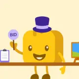 A cheerful yellow character in a top hat holds a "BID" sign, ready for the 32 auction. Gifts and a painting are displayed.