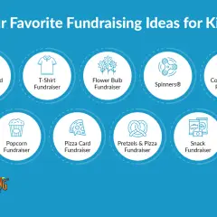 Discover free fundraising ideas for kids: scratch cards, t-shirts, flower bulbs, spinners, cookie dough, popcorn, pizza, pretzels, and snacks.