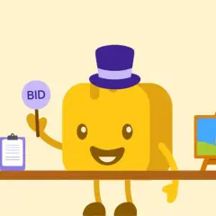 A cheerful yellow character in a top hat holds a "BID" sign, ready for the 32 auction. Gifts and a painting are displayed.