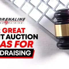 Gavel on a keyboard, with text "12 Great Silent Auction Ideas for Fundraising.