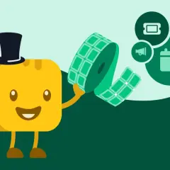 A cheerful yellow character in a top hat holds a roll of tickets, ready for a reverse raffle event. Icons for a ticket, megaphone, and calendar are nearby.