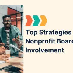 Diverse team discussing strategies for nonprofit board engagement. Text overlay: "Top Strategies for Nonprofit Board Involvement.
