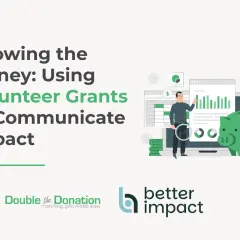 Illustration showing a man analyzing financial data, a piggy bank, and a calculator, symbolizing managing volunteers and communicating impact through volunteer grants.