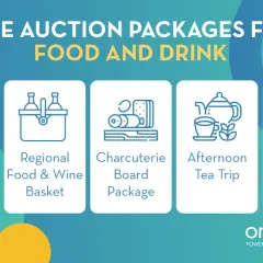 Live auction packages for food and drink: picnic basket, regional food & wine basket, charcuterie board, afternoon tea trip, and vineyard visit.