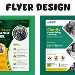 Two charity fundraiser flyer designs featuring children's faces and calls to action for donations and seminars.