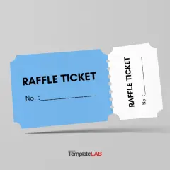 Two raffle ticket templates, one blue and one white, are shown against a light gray background.