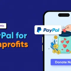 Paymatic presents PayPal for Nonprofits. A hand drops a heart into a donation jar on a phone screen, symbolizing easy giving.