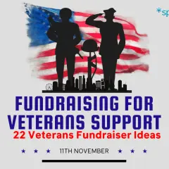 Silhouettes of soldiers salute before an American flag, with city skyline below. "Fundraising for Veterans Support: 22 Veterans Fundraiser Ideas" is displayed.
