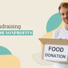 Man holding a food donation box, with text "31 Best Fundraising IDEAS FOR NONPROFITS" and "Midland Fundraising" logo.