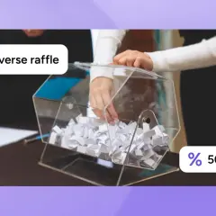 Hands draw slips from a clear box filled with paper, suggesting a raffle game. A "Reverse raffle" label and "50/50" icon are visible.