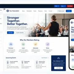 A website builder interface for association website platforms, showing drag-and-drop elements and a preview of a responsive site.