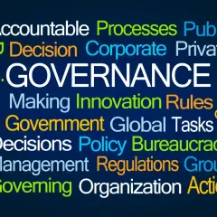 Word cloud illustrating governance team roles and responsibilities, featuring terms like "Accountable," "Decision," "Management," and "Action.