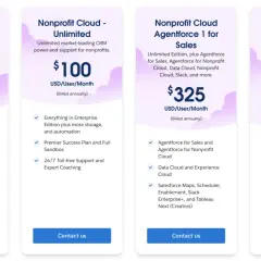 Salesforce Nonprofit Cloud pricing tiers: Enterprise ($60), Unlimited ($100), Agentforce 1 for Sales ($325), Agentforce 1 for Service ($325).