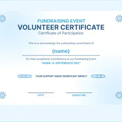 Volunteer certificate for a fundraising event, acknowledging outstanding commitment. This could be for online volunteering opportunities with a certificate.