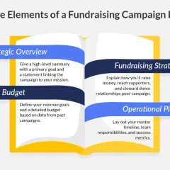 Infographic detailing the core elements of a fundraising campaign plan: Strategic Overview, Financial Budget, Fundraising Strategies, and Operational Plan & KPIs.