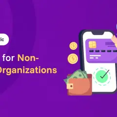 Paymattic offers a secure square for non-profits, featuring a smartphone with a credit card, a wallet with cash, and coins, all overseen by a person with a fingerprint icon.