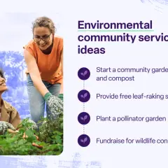 Two women gardening, illustrating different types of community service like starting a garden or planting for pollinators.