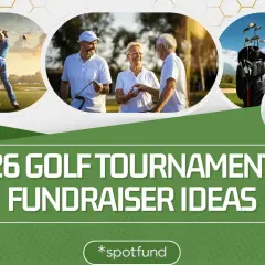 26 golf tournament fundraiser ideas for your next event. Images show golfers, a golf bag, and a golf ball.