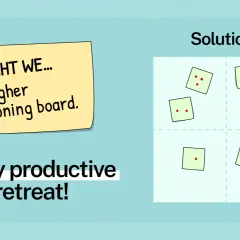 A "How Might We..." sticky note asks how to be a higher functioning board. Below, "A crazy productive board retreat!" is written. To the right, "Solutions" is labeled over a grid with sticky notes containing red dots.