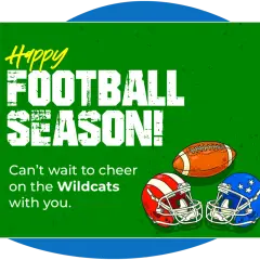 Happy football season! Two helmets and a football are shown, perfect for football fundraising ideas. Go Wildcats!