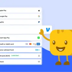 A friendly character waves next to a list of payment options, including Venmo, Apple Pay, Google Pay, PayPal, and Cash App Pay, ideal for nonprofits.