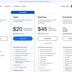 Airtable nonprofit pricing plans: Free, Team ($20/seat/month billed annually), Business ($45/seat/month billed annually), and Enterprise Scale.