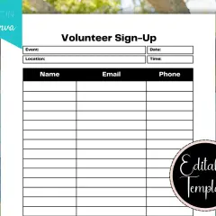 Volunteer sign up sheet template free, with fields for event, date, time, location, name, email, and phone. Editable in Canva.