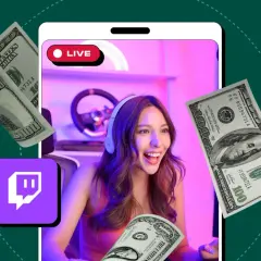 Learn how to set up donations on Twitch with this visual guide featuring a streamer, money, and the Twitch logo.