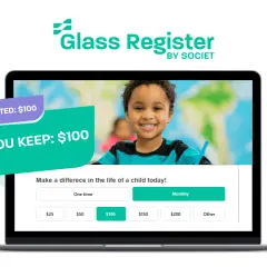 Glass Register by Societ offers free services for nonprofits, showcasing a donation platform with a happy child and clear donation options.