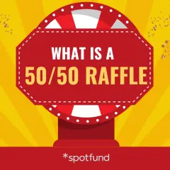A graphic asks "WHAT IS A 50/50 RAFFLE?" with tickets and confetti, hinting at the legality of 50/50 raffles.