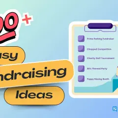 100+ easy fundraising ideas listed on a clipboard, including a prime parking fundraiser and puppy kissing booth.