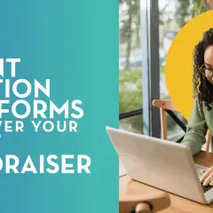A woman smiles while working on a laptop, surrounded by text promoting "20+ Silent Auction Platforms to Power Your Next Fundraiser.