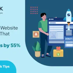 Illustration showing a successful nonprofit website redesign, with a rocket launching from a donation page and a 55% increase in donations.