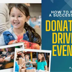 Smiling girl holds apples at a donation drive event. Images show people receiving food and packing donations.