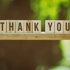 Wooden blocks spell "THANK YOU" on a shelf, perfect for a Giving Tuesday thank you email.