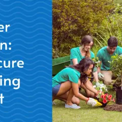 Volunteers planting trees and flowers as part of a community project. The image highlights volunteer retention strategies.