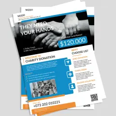 Fundraising graphics for "They Need Your Hands" charity, aiming to raise $120,000. Features hands reaching out and children's faces.
