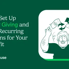 Illustration shows how to set up monthly giving and accept recurring donations, like on GoFundMe. A man happily receives money.