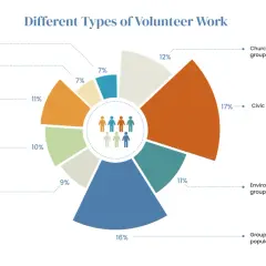 Pie chart showing different types of voluntary work. Civic groups are the largest category at 17%.