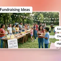Community bake sale with people serving food. Easy food fundraising ideas for high profit and cheap setups.