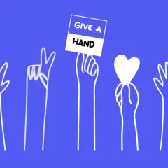 Five white hands reach up against a blue background. One hand holds a sign that says "GIVE A HAND" and another holds a white heart.
