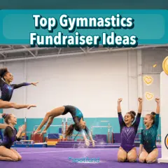 Gymnasts perform while a thermometer graphic shows fundraising progress. Top gymnastics fundraiser ideas are displayed.