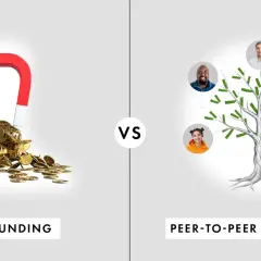 Crowdfunding vs. peer-to-peer fundraising. A magnet attracts coins on the left, while a tree with people's faces represents free peer to peer fundraising software on the right.