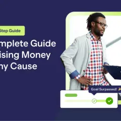 A guide on how to fundraise, showing two people discussing a successful campaign with a "Goal Surpassed!" notification.