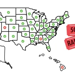 Map of the US showing state legality of raffles. Green checkmarks indicate legality, red X's show restrictions. Florida is marked with a green checkmark, indicating raffles are legal there.