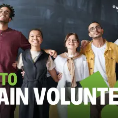 A diverse group of smiling people stand arm-in-arm, ready for volunteer orientation. Text reads "HOW TO RETAIN VOLUNTEERS.