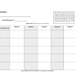 Fundraising planning calendar template with rows for strategies like Foundations and columns for months.