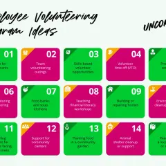 Employee volunteering program ideas: grants, team outings, skills-based opportunities, VTO, pro bono services, tutoring, food banks, financial literacy, home building, cleanup, homelessness support, community centers, gardening, animal shelters, and re...