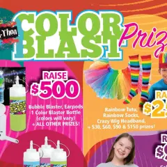 Color-A-Thon prizes for fundraising: Bubble Blaster for $500, Rainbow Tutu & socks for $250, and more.