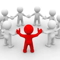 A red figure stands in the center of a circle of white figures, arms outstretched. This symbolizes leadership, like a board chair job description.